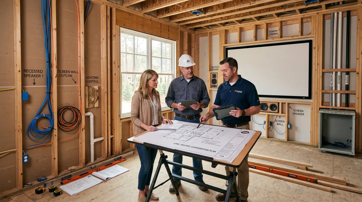 Avoid expensive home theater installation mistake. Learn what to plan before drywall, from wiring and speakers to lighting and AV prewire.