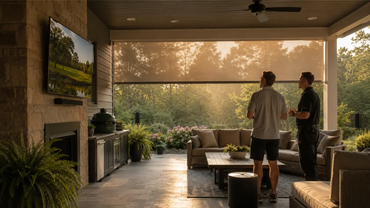 Create a realistic premium editorial photograph in horizontal 16:9 format showing a landscaped Atlanta backyard with discreet outdoor speakers, buried cable routes implied through neat professional installation, an outdoor Wi-Fi access point under a protected eave, and a patio listening area. An AV technician should be testing an intermittent audio zone on a tablet or handheld device with no readable interface text. Use natural humid summer light, realistic greenery, premium but lived-in surroundings, and generous negative space. Avoid logos, exposed loose wiring, fake signal-wave graphics, readable analytics, split screens, cartoons, and obvious AI artifacts.