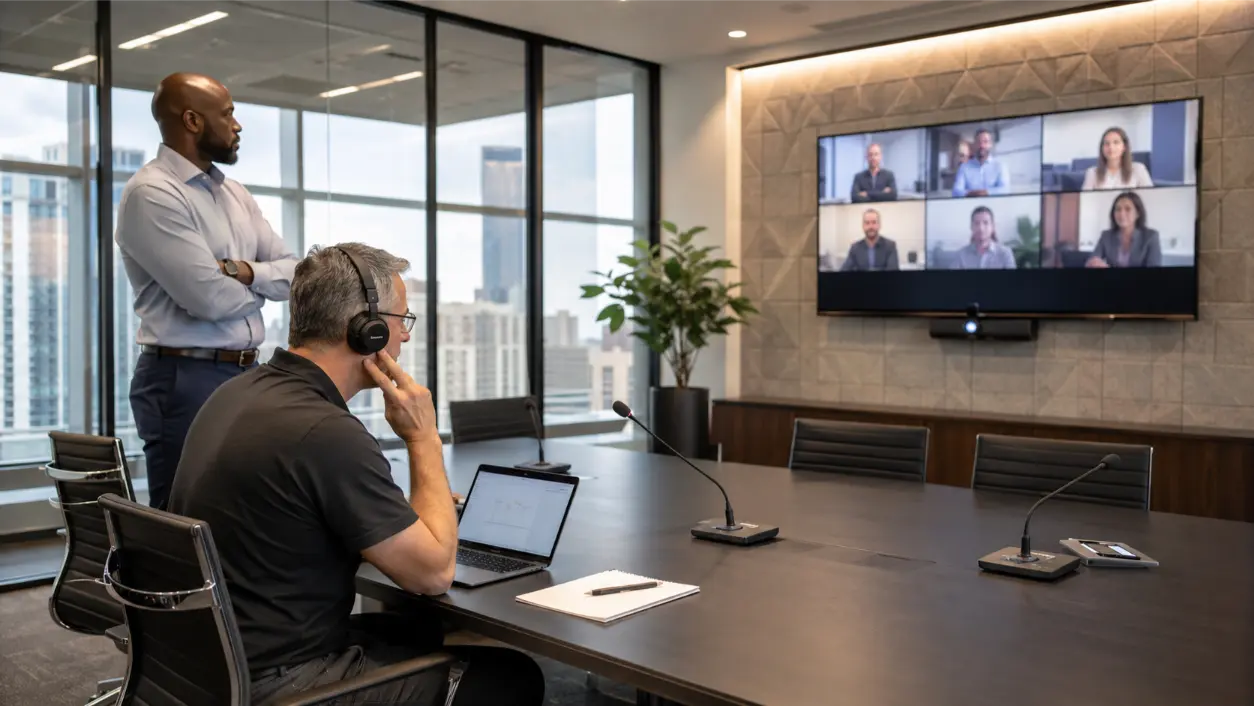 Conference room audio issues can make hybrid meetings frustrating. Learn mic placement, glass-room acoustics, Zoom echo fixes, DSP basics.