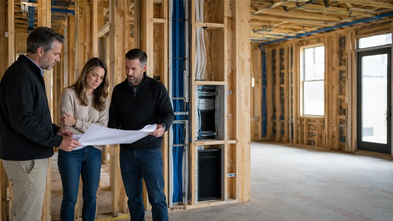 Review a builder grade av package before drywall to spot limited wiring, basic speakers, network gaps, rack issues, and hidden future upgrade costs.