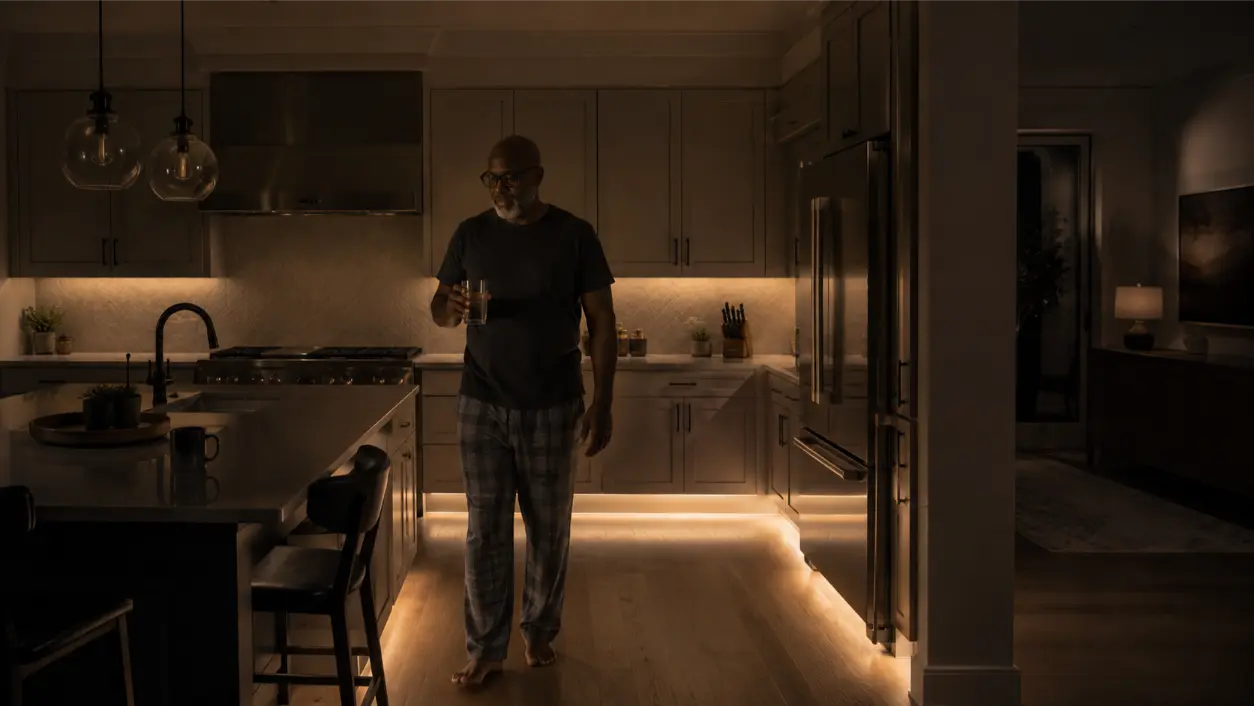 Use kitchen lighting scenes to balance task and ambient light, reduce glare, automate under-cabinet lighting, and create comfortable morning, cooking, entertaining, and night modes.