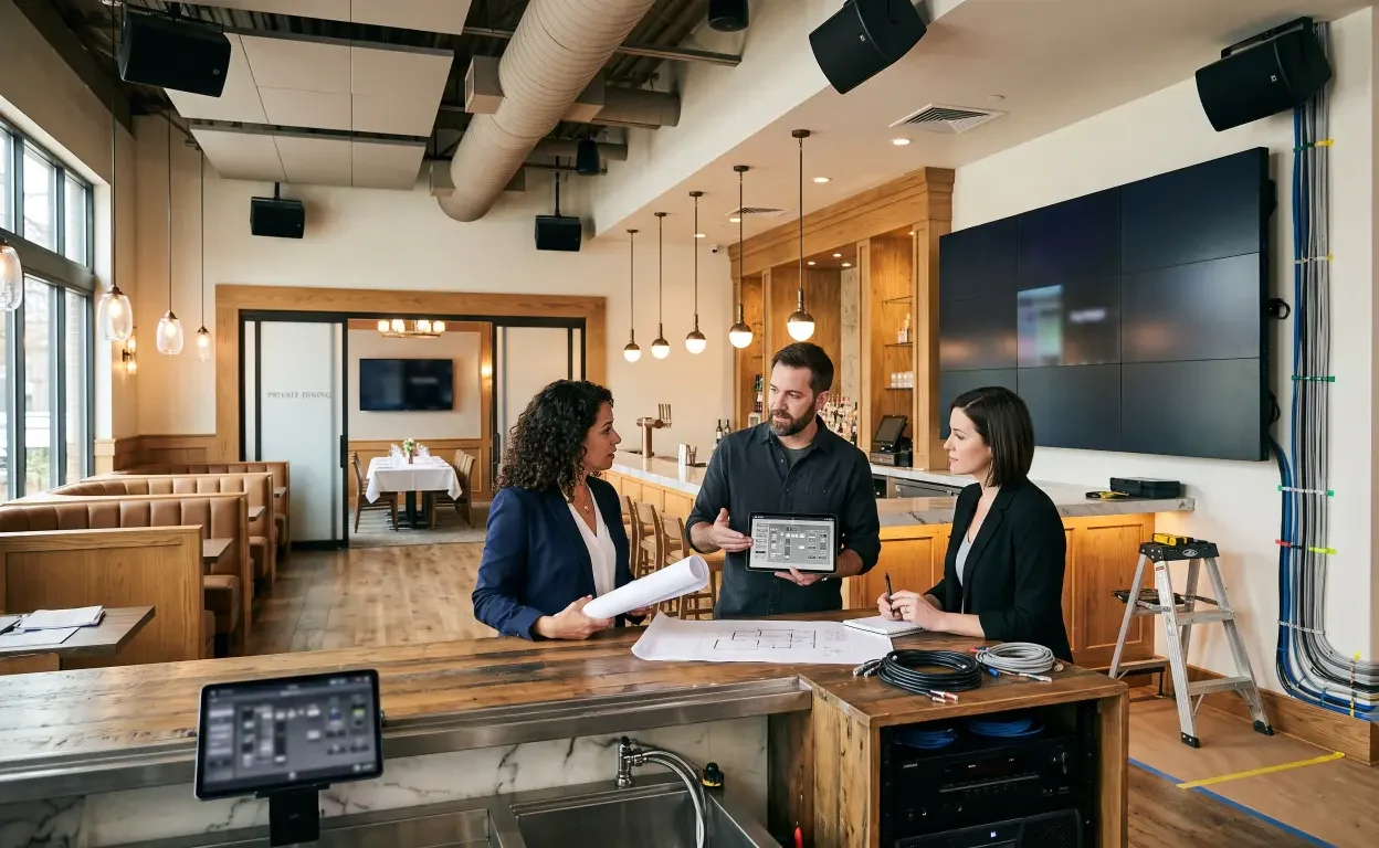 Hospitality AV installation ideas for restaurants, bars, and private rooms. Learn about video walls, audio zones, lighting, and controls.