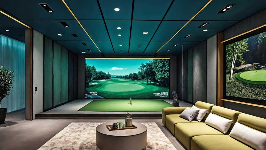 Home golf simulator installation in Atlanta with impact screen and enclosure