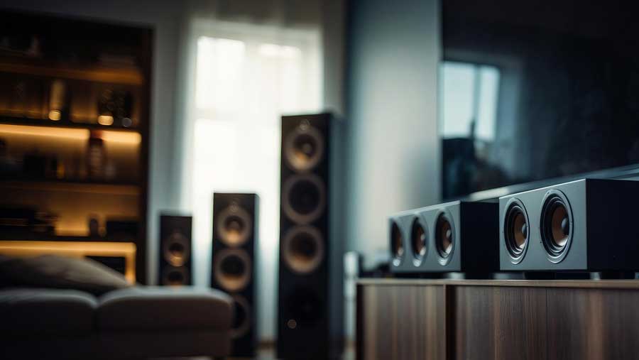 Multi-room hi-fi audio zones with amplifier rack and streamers