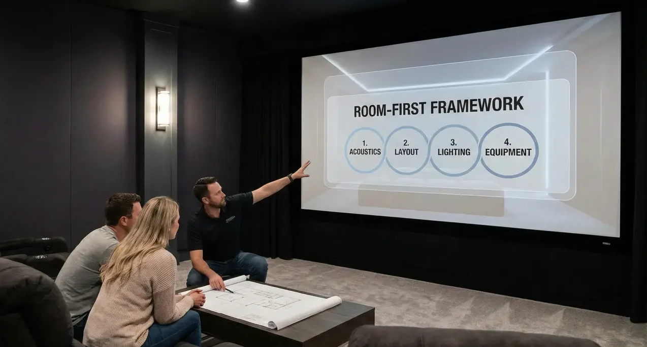Stop designing your home theater around products. Use a room-first home theater design planning framework to map light, layout, noise, and sightlines—so you choose the right setup without costly rework.